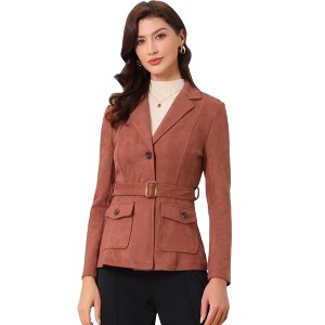INSPIRE CHIC Women's Faux Suede Belted Lapel Single Breasted Work Outwear Blazer - 1 of 4