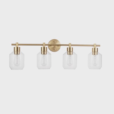 Cannes 4 Light Matte Brass Vanity Light with Clear Glass Shades Globe Electric 91001362