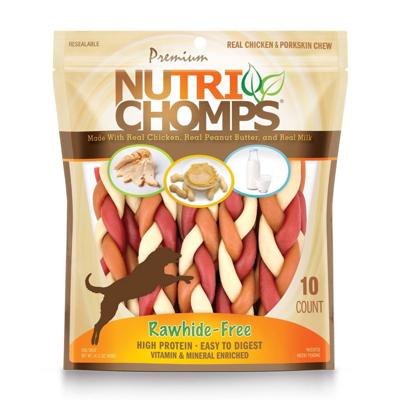Nutri Chomps Dog Chews Mixed Flavor Braid Chicken, Peanut Butter and Milk Dog Treats - 10ct, 1 of 3