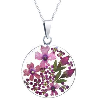 Women's Sterling Silver Burgundy Pressed Flowers Small Round Pendant Chain Necklace (18")