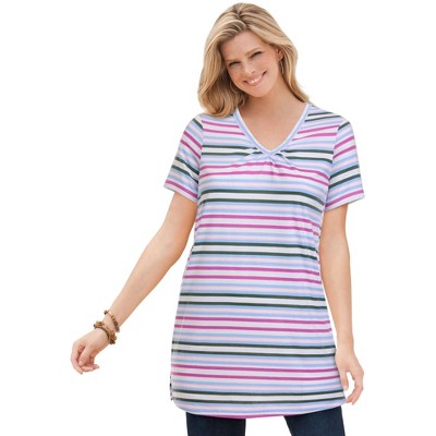 Woman Within Women's Plus Size Perfect Printed Short-Sleeve Shirred V-Neck Tunic