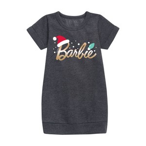- Barbie - Barbie Logo Santa Hat Graphic Short Sleeve Fleece Dress - 1 of 3