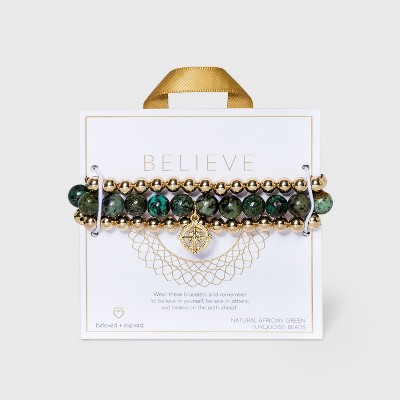 Beloved + Inspired Gold Granite with Compass Charm Trio Stretch Beaded Bracelet Set - Blue