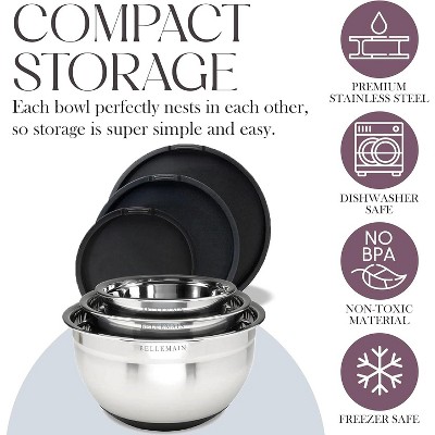 Bellemain 3-Piece Stainless Steel Mixing Bowls Set with Non-Slip Lids – Silver/Black Finish