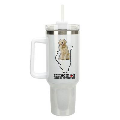 Elanze Designs The Prairie State Illinois Loves Golden Retrievers� White Double Wall Stainless Steel Insulated Travel Tumbler with Lid and Straw, 40