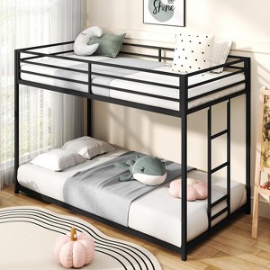 Zevemomo Twin Over Twin Bunk Bed, Metal Low Profile Bunkbeds with Full-Length Guardrail and Ladder, Space Saving, No Boxing Spring Needed, Black - 1 of 4