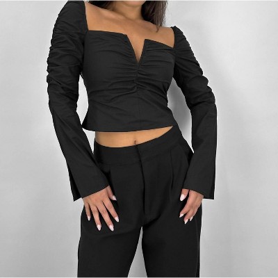Women's Ruched Long Sleeve V Neck Top - beige botany