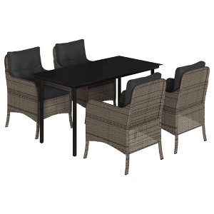 vidaXL 5 Piece Patio Dining Set - Gray Poly Rattan, Cushions, Tempered Glass Table, Outdoor Garden Furniture - 1 of 4