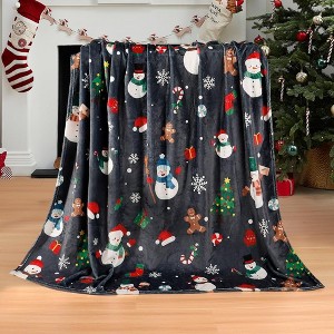 Lomsoe Christmas Snowman Print Black Throw Blanket, Winter Holiday Bed Blanket Super Soft Flannel Blanket Cozy Fuzzy Plush Throw Blanket for Couch - 1 of 4