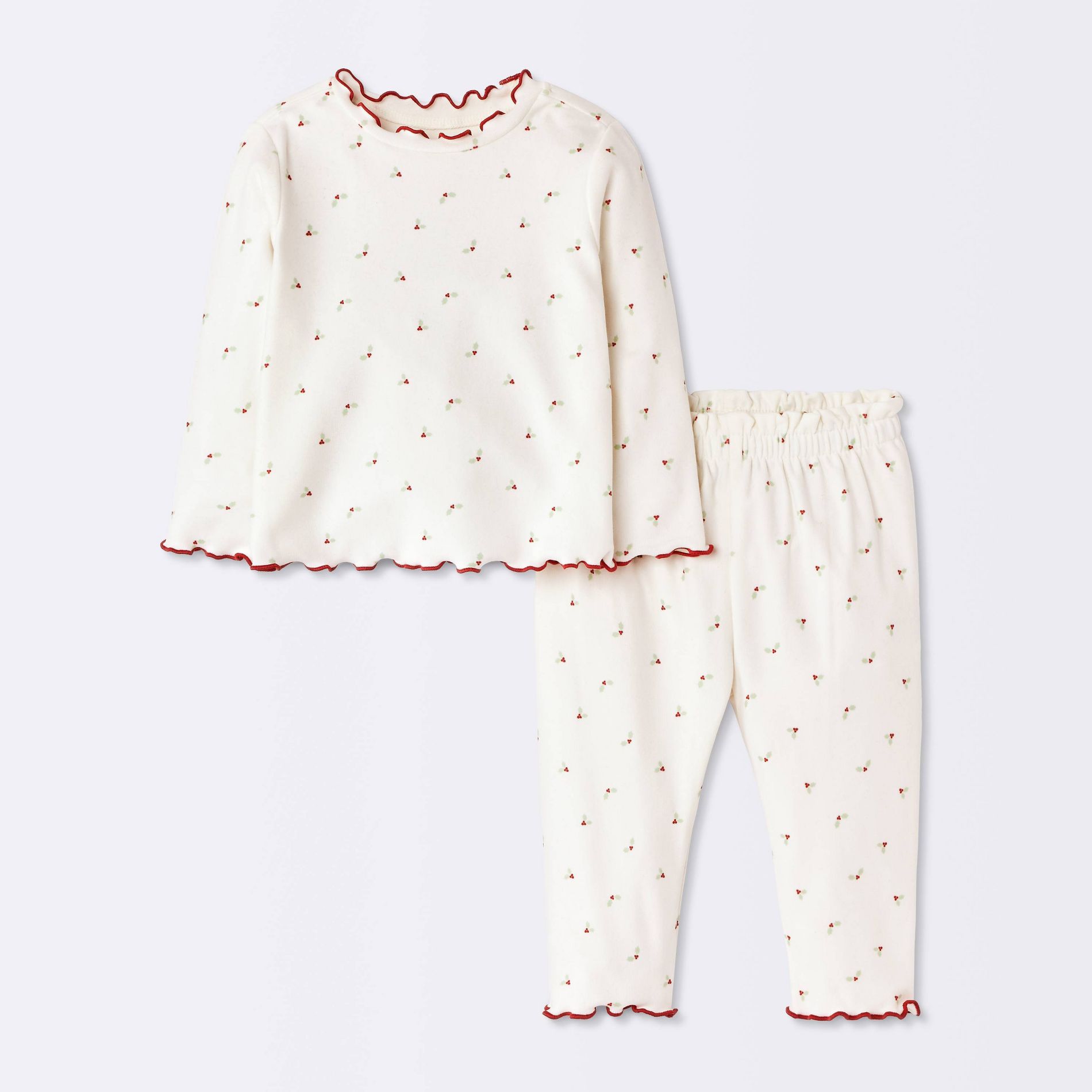 Baby Girls' 2pc Holiday Holly Lettuce Edge Cozy Set - Cloud Island™ Cream