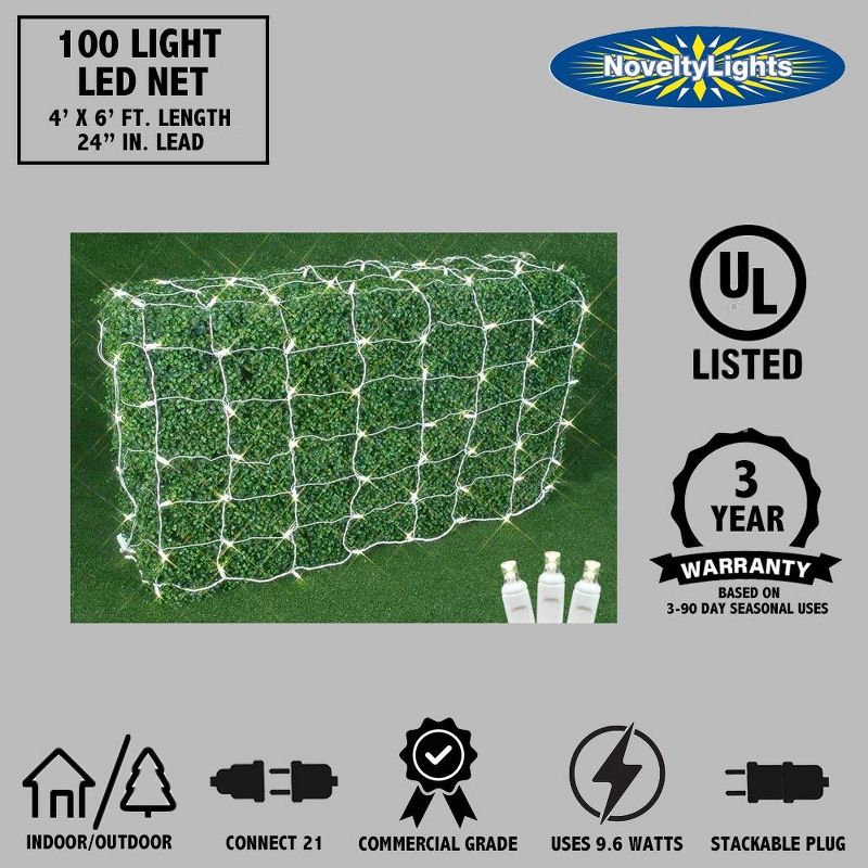 Novelty Lights 100 Light Warm White LED Christmas Net Lights Christmas Decorations Green Wire 4' X 6', 3 of 6