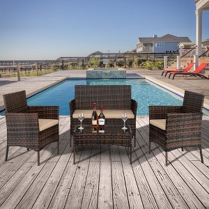 KTMBDW 4 Pieces Patio Set Outdoor Wicker Furniture Sets Modern Rattan Chair Conversation Sofa Sets with Glass Coffee Table for Yard and Bistro - 1 of 4