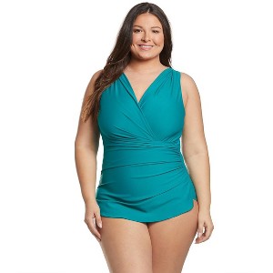 Sporti Plus Size Isabella Tummy Control Wrap One Piece Swimsuit - Black - 18W - 1 of 4