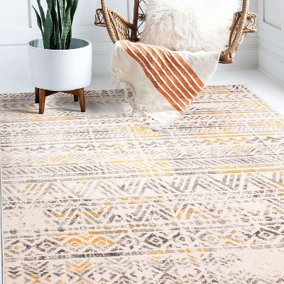 Cheerful Yellow Geometric 5' x 7' Easy-Care Synthetic Area Rug