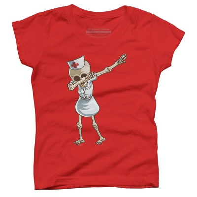 Girl's Design By Humans Halloween Dabbing Funny Skeleton Nurse RN Costume Gift By COVI T-Shirt