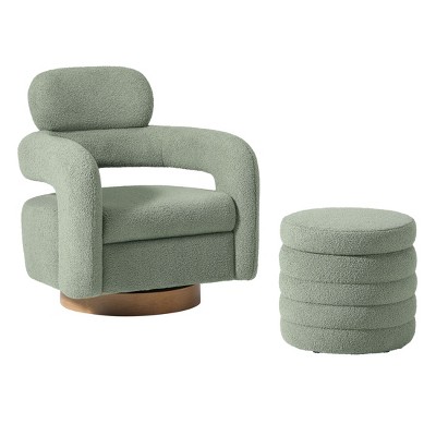 WestinTrends Alexandria Mid-Century Modern Faux Shearling Swivel Barrel Accent Chair With Storage Ottoman