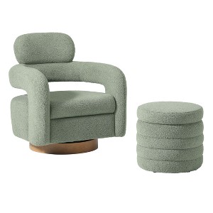 WestinTrends Alexandria Mid-Century Modern Faux Shearling Swivel Barrel Accent Chair With Storage Ottoman - 1 of 4