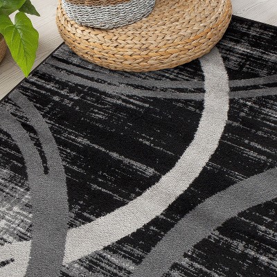 Contemporary Black Abstract 65'' Easy-Care Synthetic Area Rug