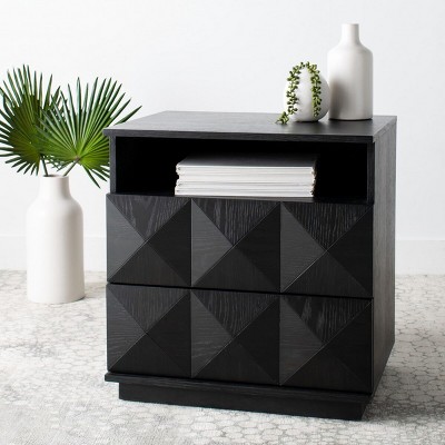Black Geometric 2-Drawer Solid Wood Nightstand