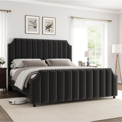 Velvet Upholstered Platform Bed Frame with 50.2" Headboard, Vertical Channel Tufted Design, Nailhead Trim and Footboard, No Box Spring Required.