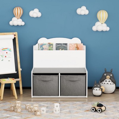 YONWAY Kids Bookshelf, With Book Display & 2 Fabric Bins, Adorable Bear-Shaped Backboard, Toy Organizer For Toddlers and Children