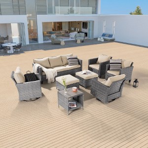 Sonkuki 8-Piece Patio Conversation Set with Swivel Rocking Chair and Side Table, Navy Blue Cushion - 1 of 4