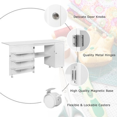 White Folding Sewing Table with Shelves and Wheels