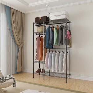 Karl Home Black Iron Open Wardrobe with 2 Rows of Rails & 4-Layer Shelves 44.9x16.5x70.9 Inches - 1 of 4