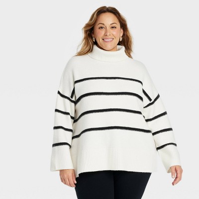 Women's Cozy Knit Turtleneck Pullover Sweater - Ava & Viv™ Cream Striped 1X