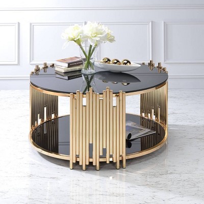 Tanquin Black Glass and Gold Round Coffee Table with Shelf