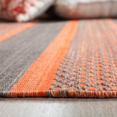 Dark Gray and Orange Handmade Wool Striped Area Rug