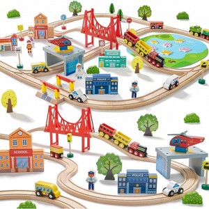 110-Piece Wooden Train Set - Compatible Track System for Kids Ages 3-7, Ideal Birthday Gift - 1 of 4