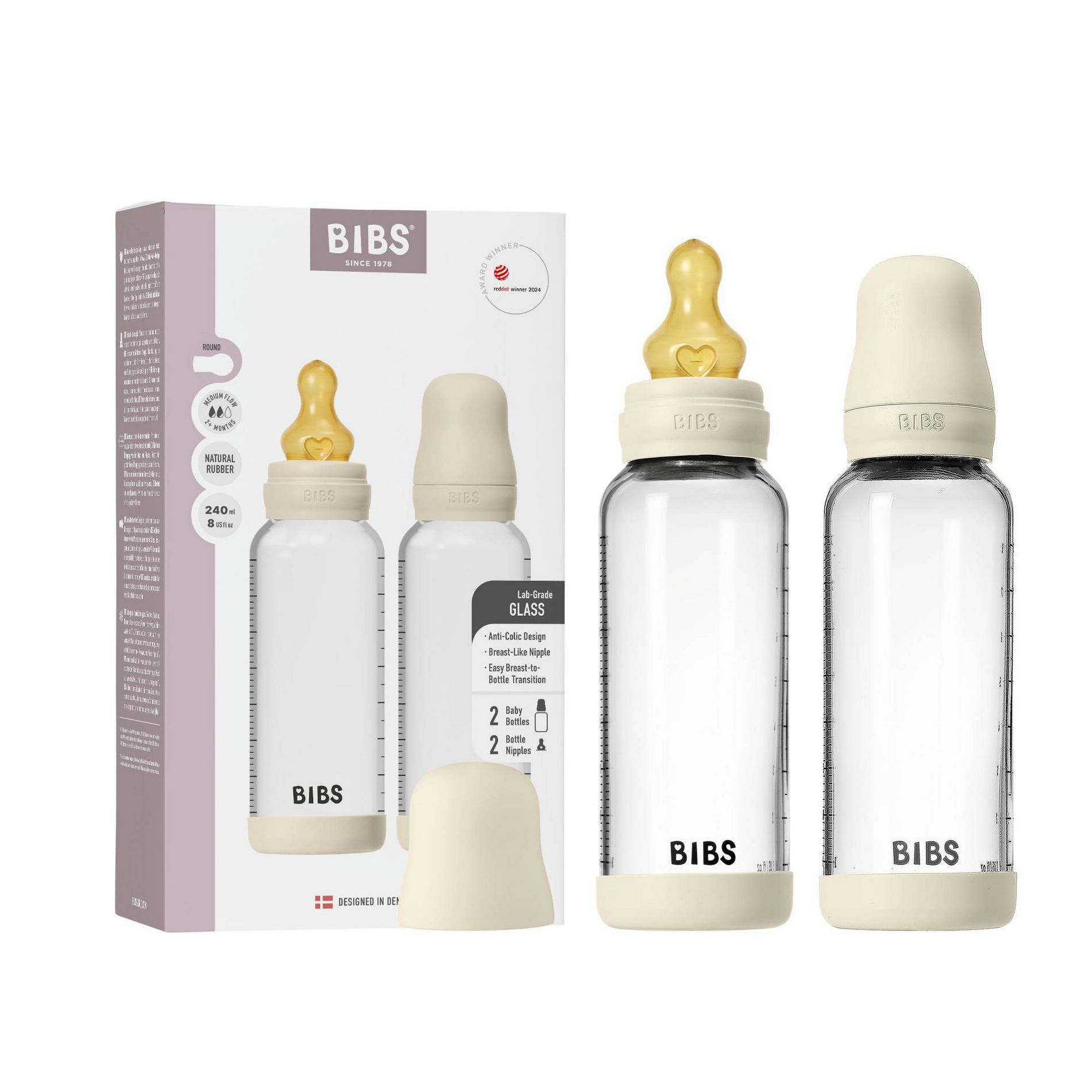 Bibs Glass Baby Bottle Set with Latex Nipple - 8 fl oz/2pk
