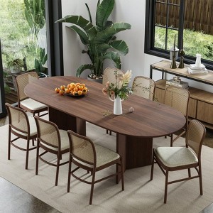 PexFix 79" x 33.5" Solid Wood Farmhouse Dining Table with V-Shaped Legs and Oval Wood Top for Modern Dining Rooms & Family Gatherings Walnut - 1 of 4