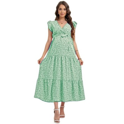 Women Summer Bohemian Floral Casual Wrap Midi Sun Dress