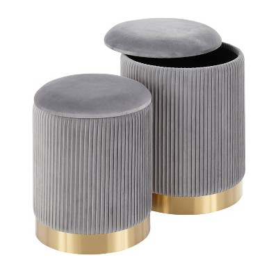 Gray Velvet Pleated Nesting Ottomans with Gold Metal Base