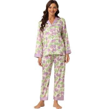 cheibear Women's Satin Floral Long Sleeves Shirts with Pants Lounge Pajama Set
