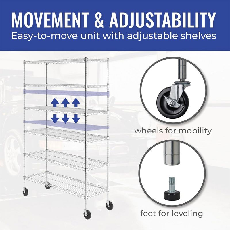 SafeRacks 6 Tiered Storage Shelves with Heavy Duty Steel Wire Shelving Unit, Wheels, and Adjustable Feet for Pantry Shelf or Garage, White, 5 of 7