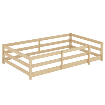 Vynxaria Twin Size Floor Bed with Fence Wood Kids Bed No Box Spring Needed for Girls Boys Natural
