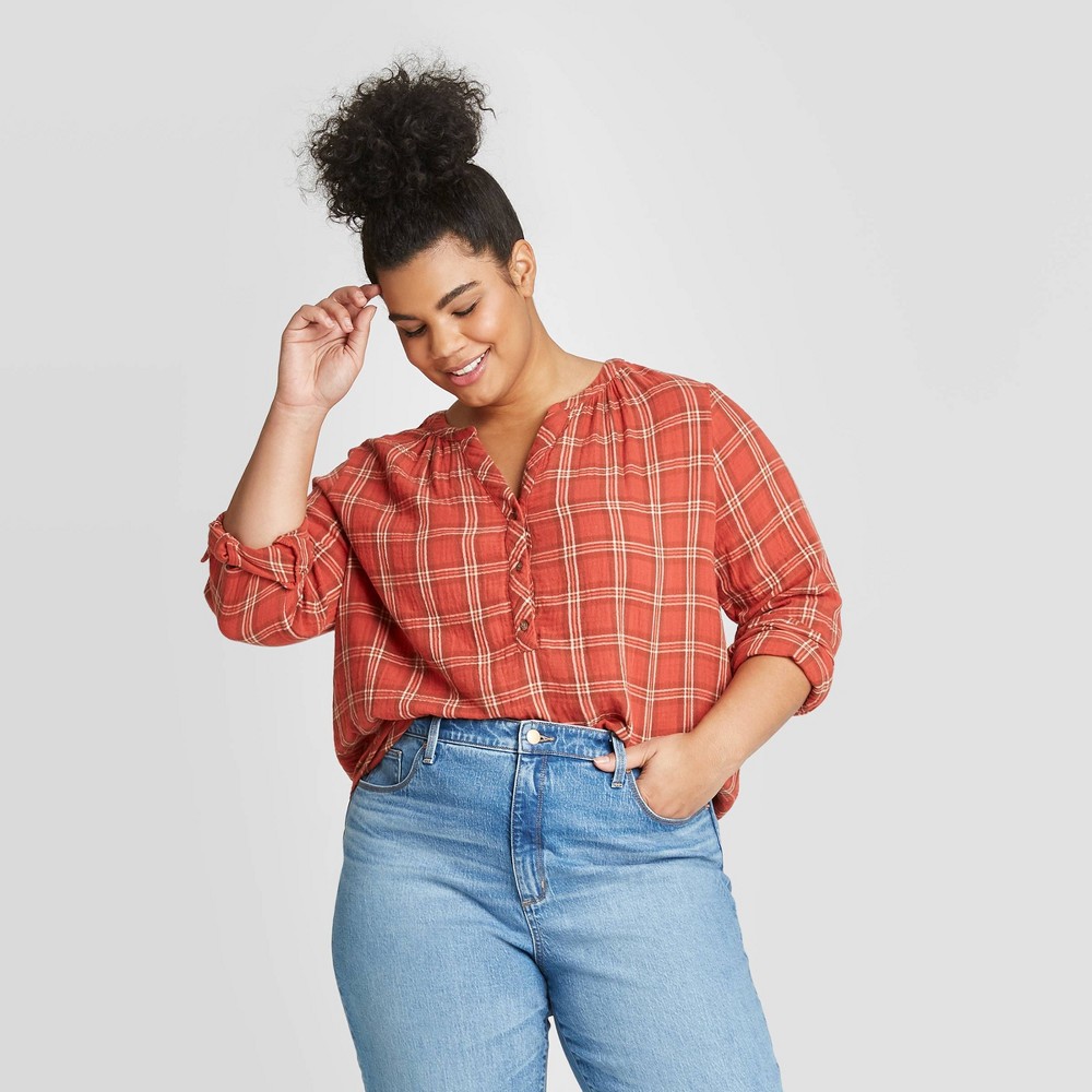 Women's Plus Size Plaid Long Sleeve V-Neck Button-Front Tunic - Universal Thread Red 3X, Women's, Size: 3XL was $22.99 now $16.09 (30.0% off)