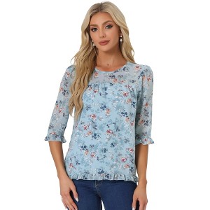 INSPIRE CHIC Women's Round Neck Ruffle 3/4 Sleeve Floral Print Chiffon Blouse - 1 of 4