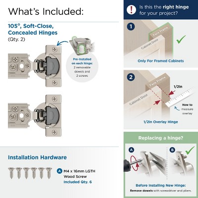 Nickel 1/2 inch Overlay Soft-Close Concealed Cabinet Hinge Pair
