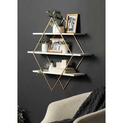 White and Gold Diamond Floating Wall Shelf with Wooden Accents