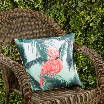 Tropical Flamingo and Palm Tree Polyester Outdoor Pillow, 18" x 18", Blue