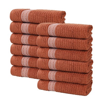 Zero Twist Cotton Ribbed Modern Geometric Border Face Towel Washcloth Set 12 by Blue Nile Mills