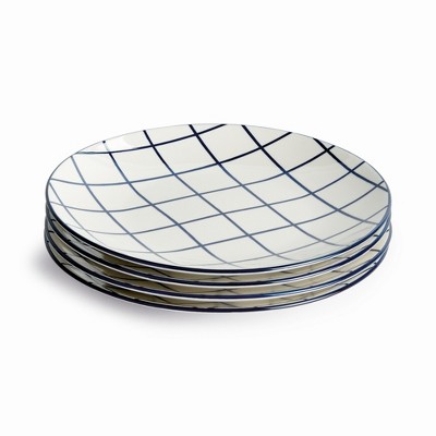 Plum & Post Stria 8.5" Plates, Set of 4 - Dark Blue/White Ceramic