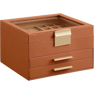 Glass Lid Jewelry Box 3 Layers 2 Drawers Modern White and Gold Finish Storage Organizer Display Case - 1 of 4