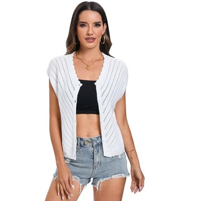 Womens Casual Solid Pullover Short Cap Sleeve V Neck Sweater Vest Openwork Knit Tank Top with Button Closure