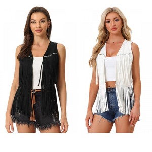 INSPIRE CHIC Women's 70s Western Open Front Faux Suede Fringe Vest 2 Packs - 1 of 4