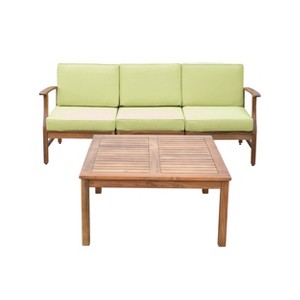 GDFStudio Abena Outdoor Acacia Wood 3 Seater Sofa and Coffee Table Set with Cushions - 1 of 4